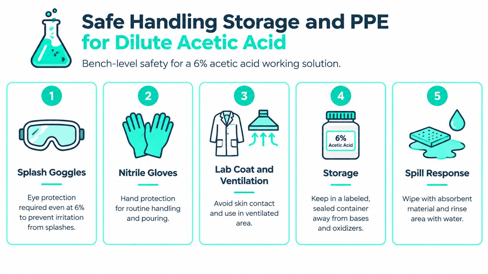 A safety infographic detailing guidelines for the safe handling, storage, and protective equipment for 6% acetic acid.