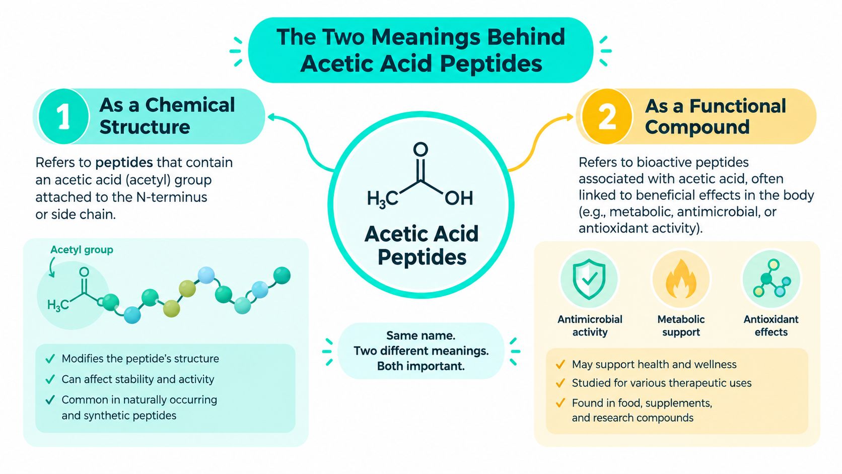 An infographic explaining the two meanings of acetic acid peptides as a chemical structure and functional compound.