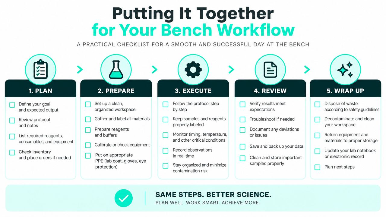 A five-step laboratory workflow checklist titled Putting It Together for Your Bench Workflow for scientific experiments.