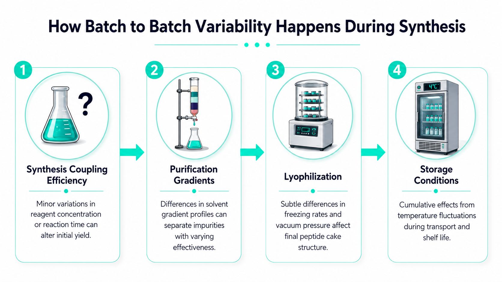 A diagram illustrating the four key stages of batch to batch variability in chemical synthesis and storage.