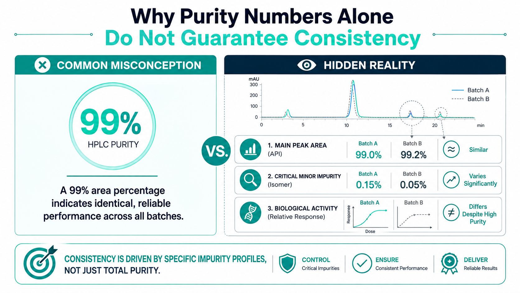 An infographic illustrating why high purity numbers alone do not guarantee consistent batch performance in pharmaceuticals.