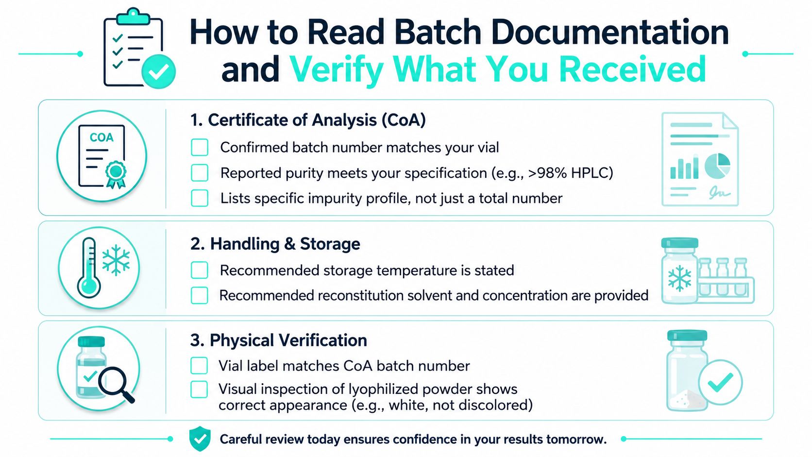 An infographic titled How to Read Batch Documentation and Verify What You Received with three checklists.
