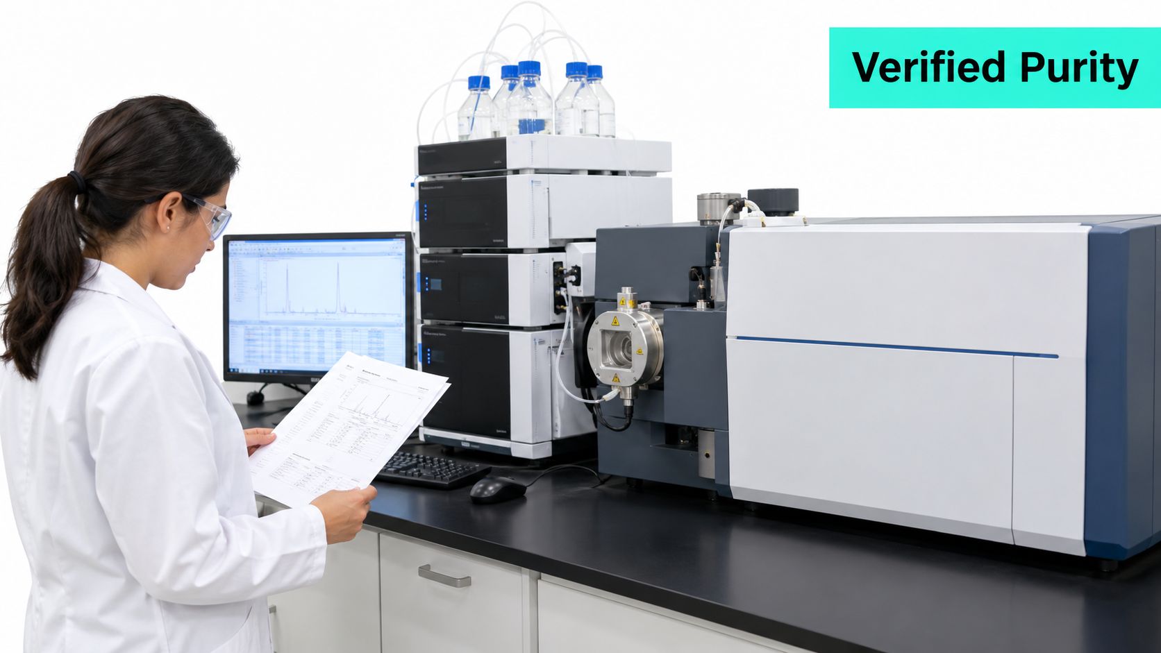 A scientist in a lab coat reviews analytical data near a liquid chromatography mass spectrometry machine.