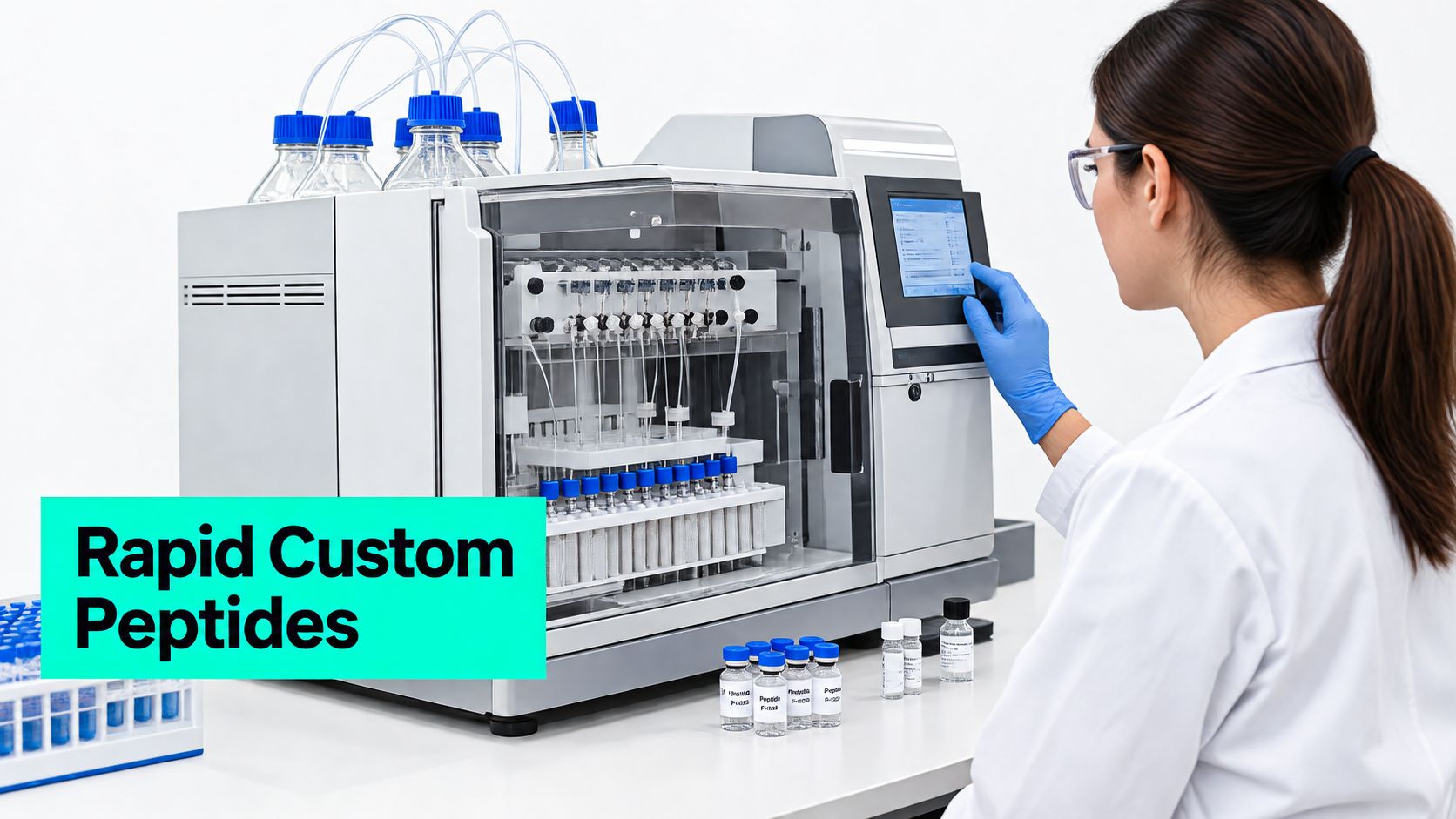 A female scientist in a lab coat operates an automated peptide synthesizer for research and development.