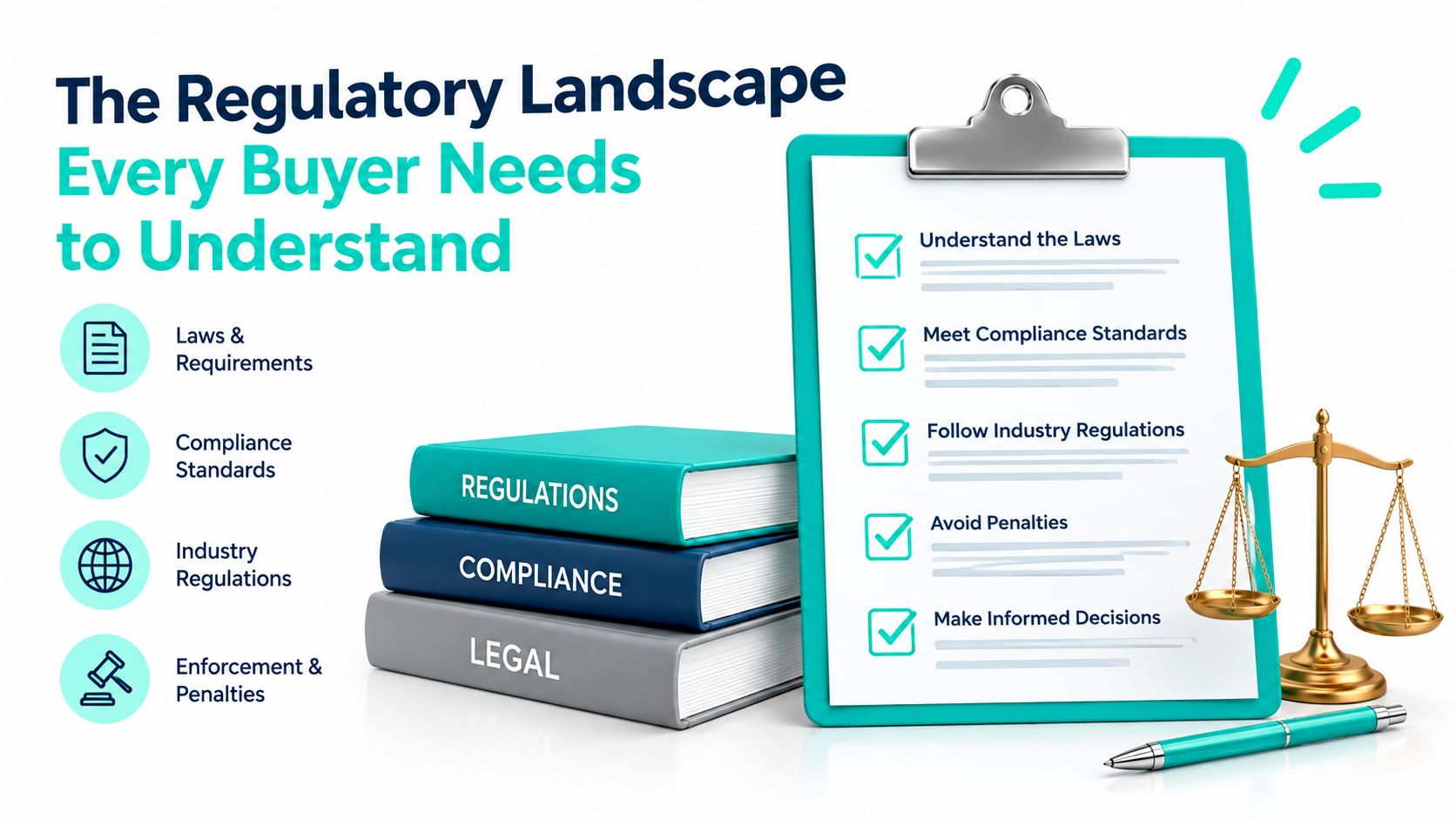 A visual guide illustrating the regulatory landscape for buyers, featuring law books, a checklist, and a scale of justice.