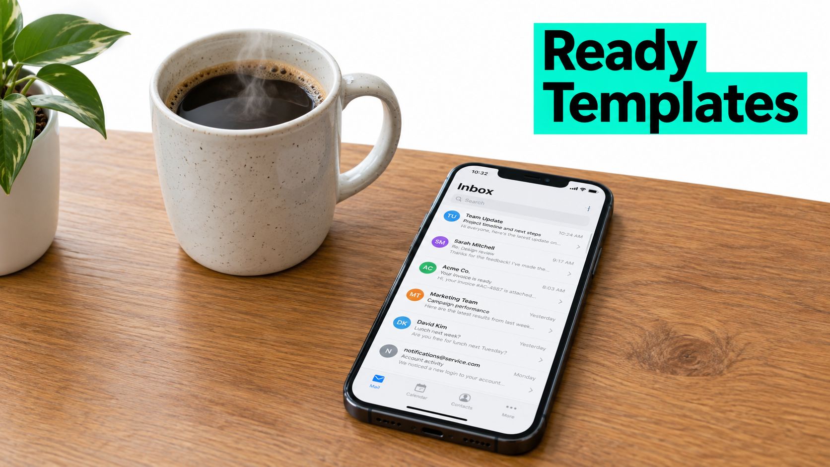 A smartphone displaying an email inbox on a wooden desk next to a coffee mug.