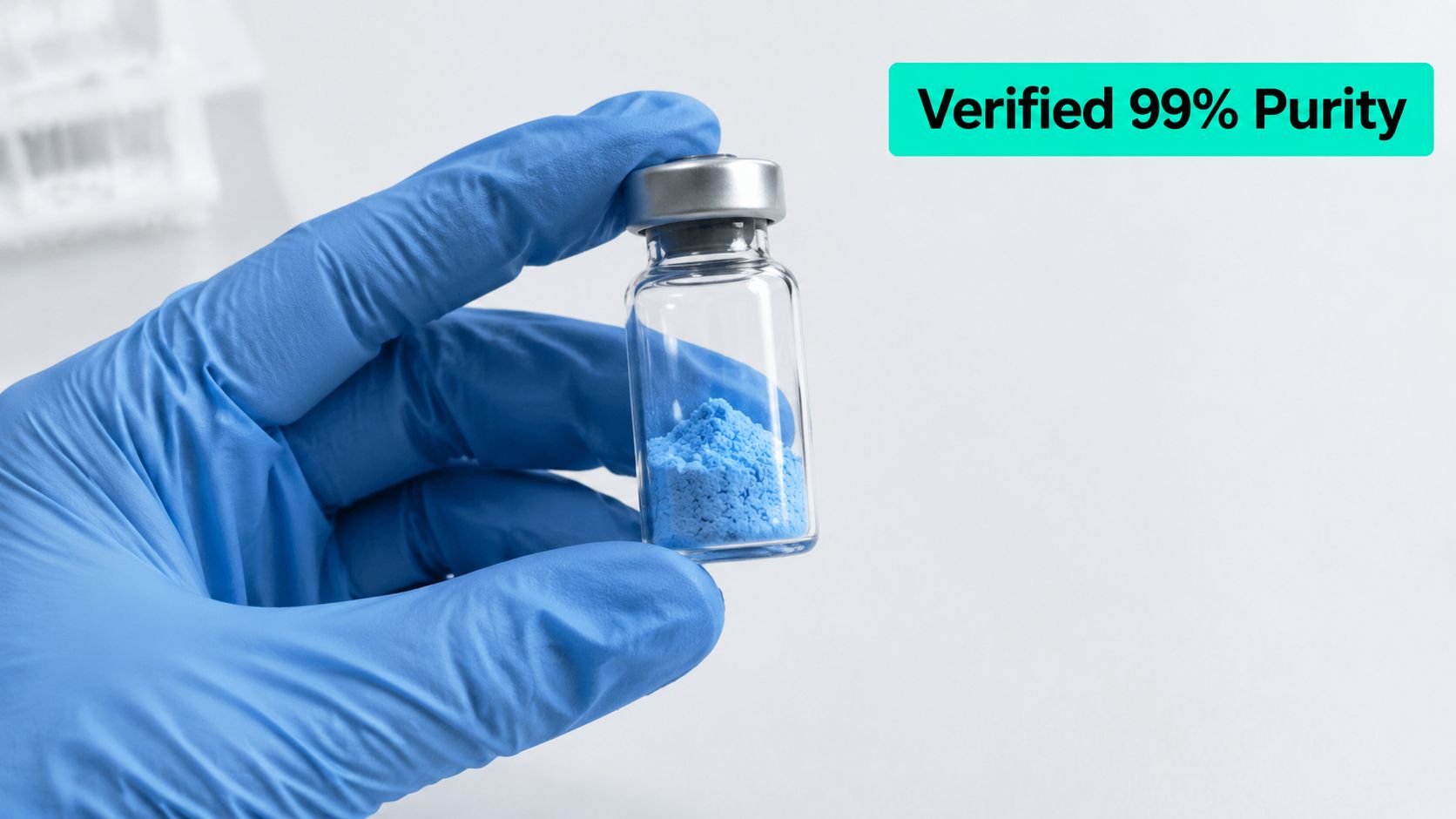 A gloved hand holding a glass vial containing blue GHK-Cu 50mg peptide powder with verified purity.