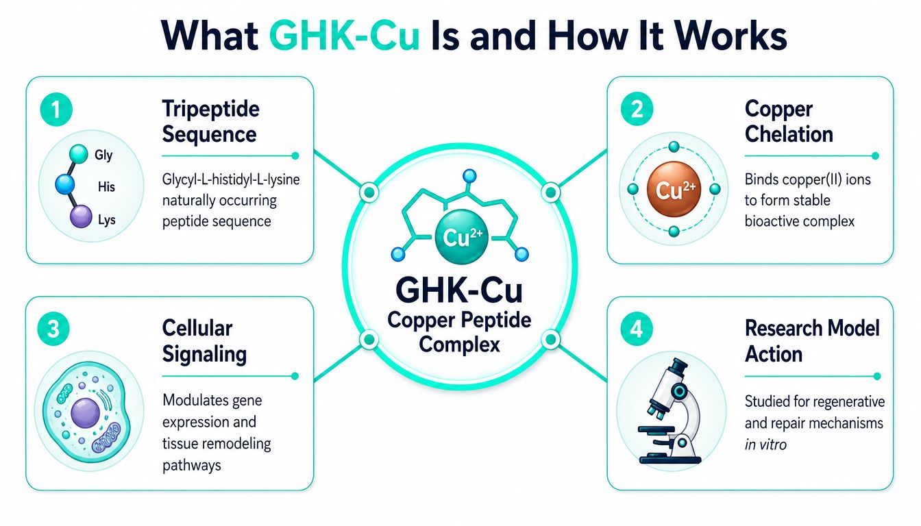 An infographic explaining the structure and biological functions of the GHK-Cu copper peptide complex.