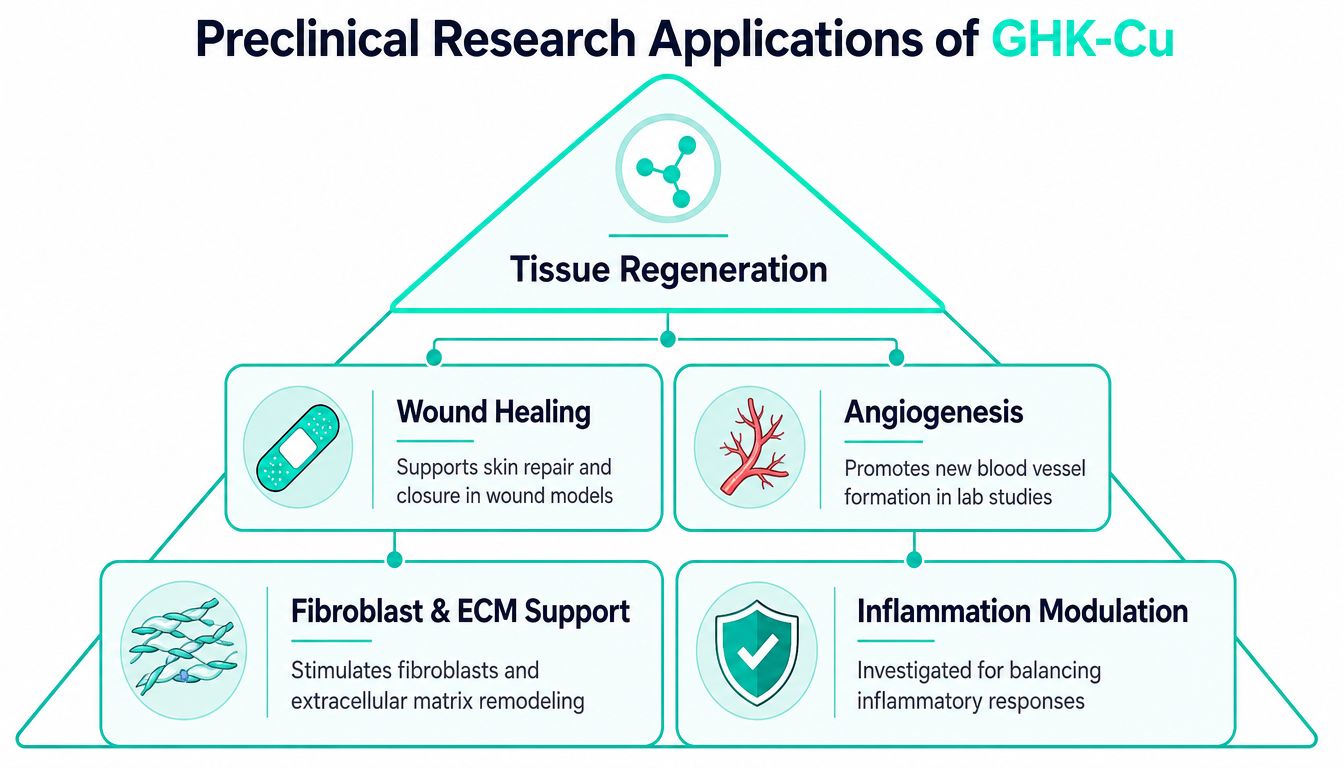 A diagram illustrating the primary preclinical research applications of GHK-Cu, including tissue regeneration, wound healing, and angiogenesis.