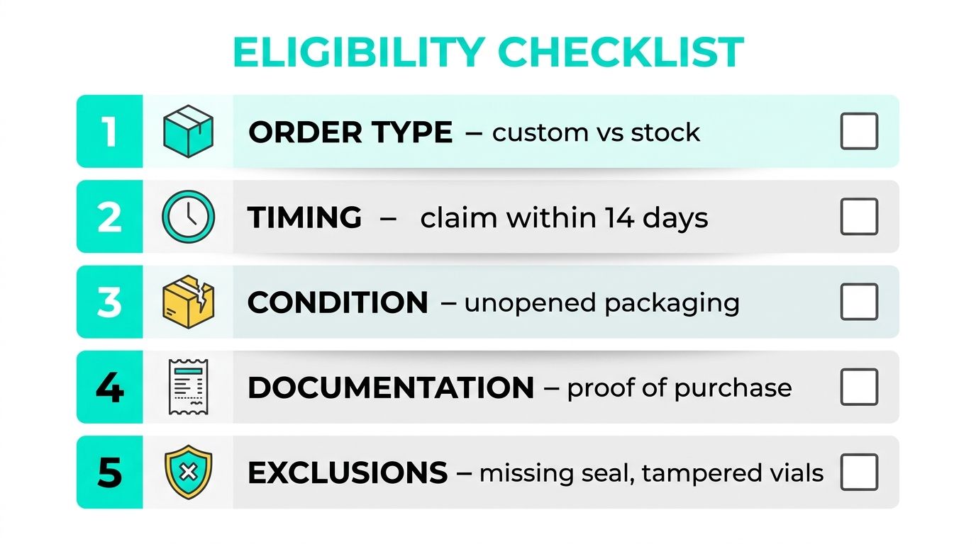 A five-point eligibility checklist infographic for product returns showing order type, timing, condition, documentation, and exclusions.
