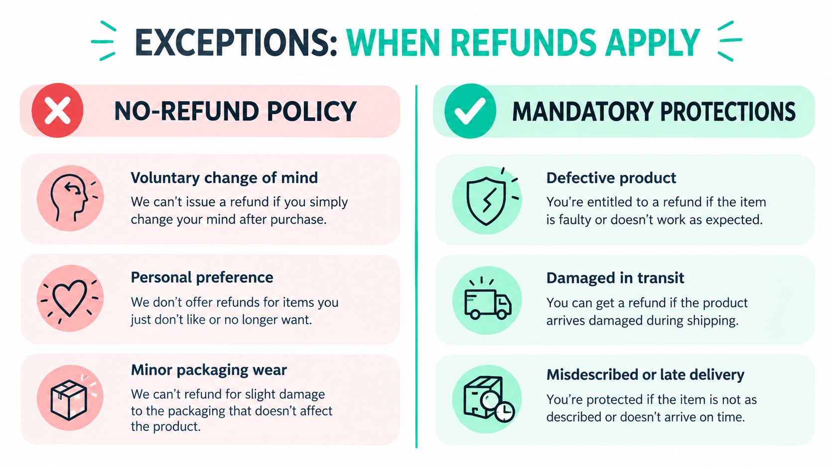 A comparison chart outlining conditions for a no-refund policy versus mandatory product protections for customers.