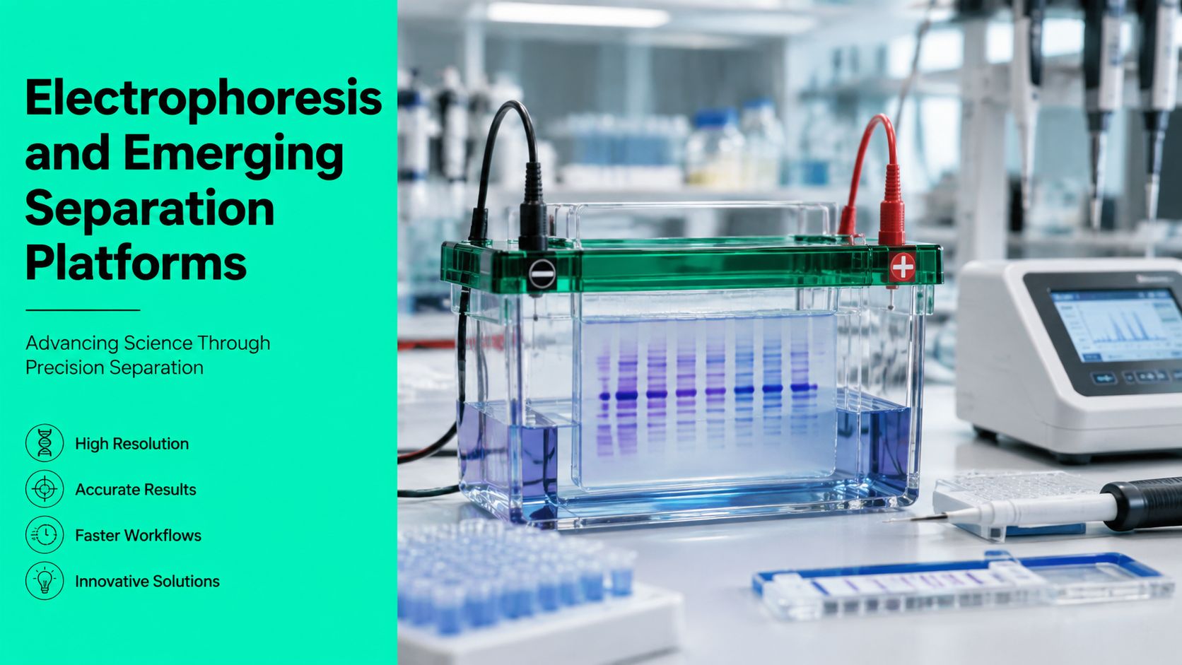A laboratory gel electrophoresis setup on a bench with a digital readout and liquid samples in containers.