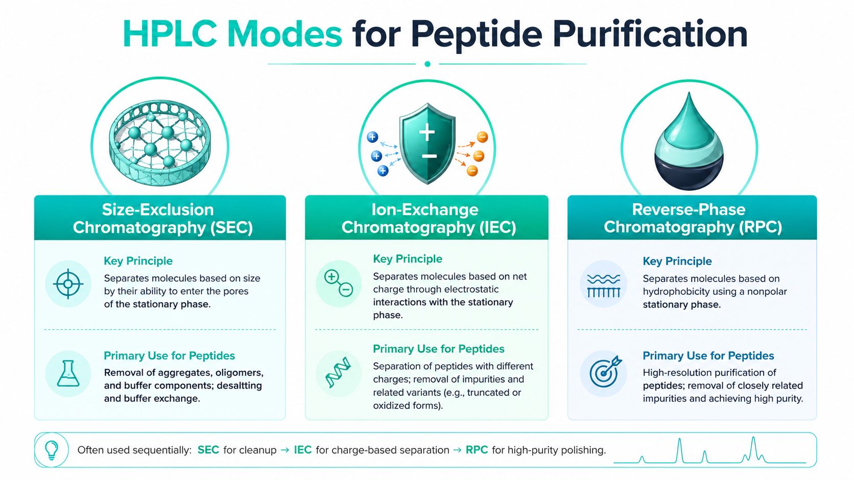 An infographic illustrating three common HPLC modes for peptide purification: Size-Exclusion, Ion-Exchange, and Reverse-Phase chromatography.
