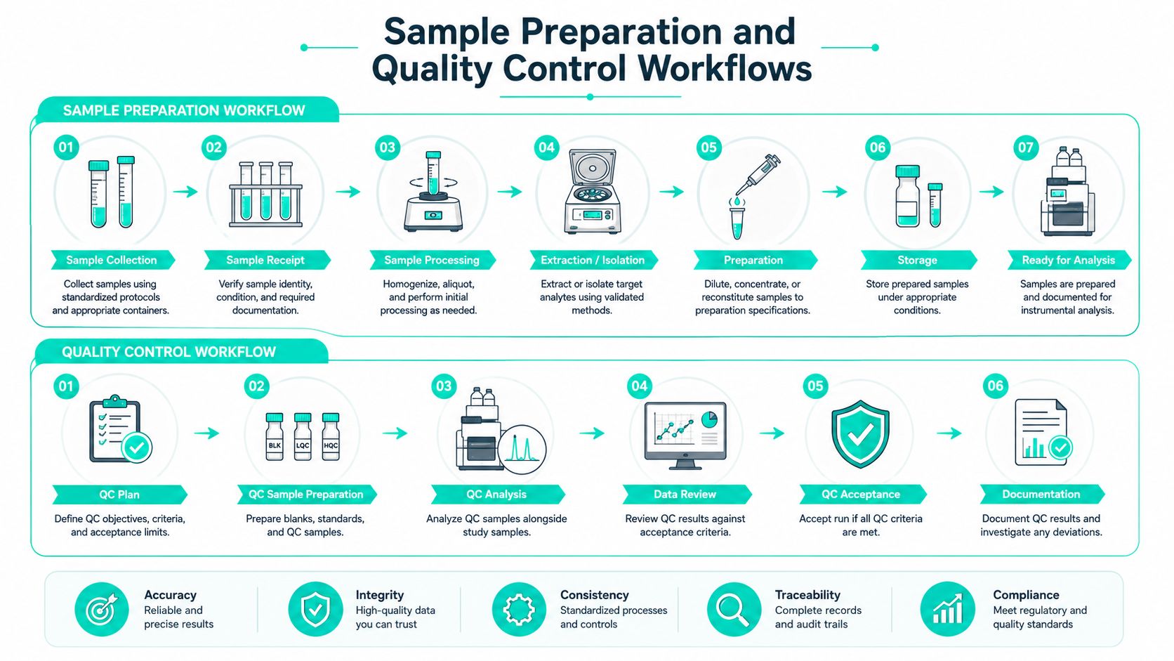 A visual flow chart illustrating step-by-step sample preparation and quality control workflows for laboratory analysis.