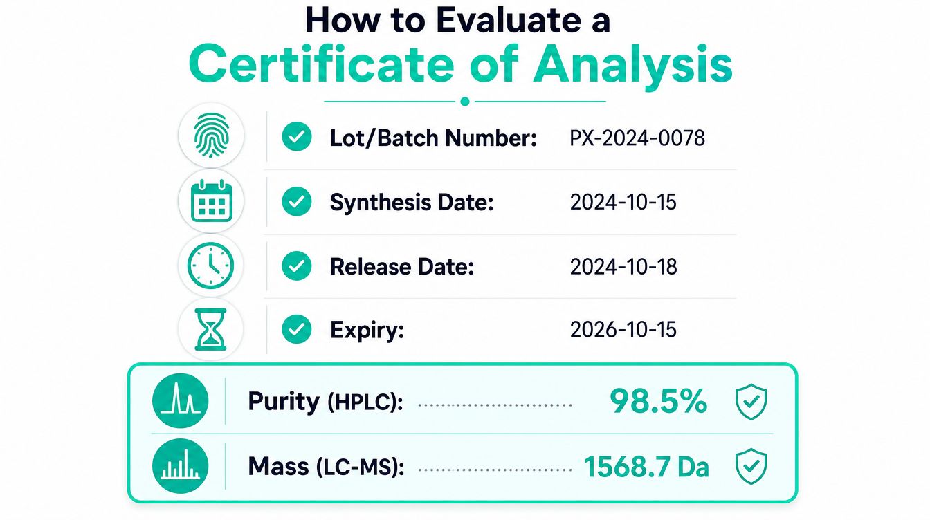 A Certificate of Analysis infographic showing lot number, key dates, purity percentage, and mass measurement results.