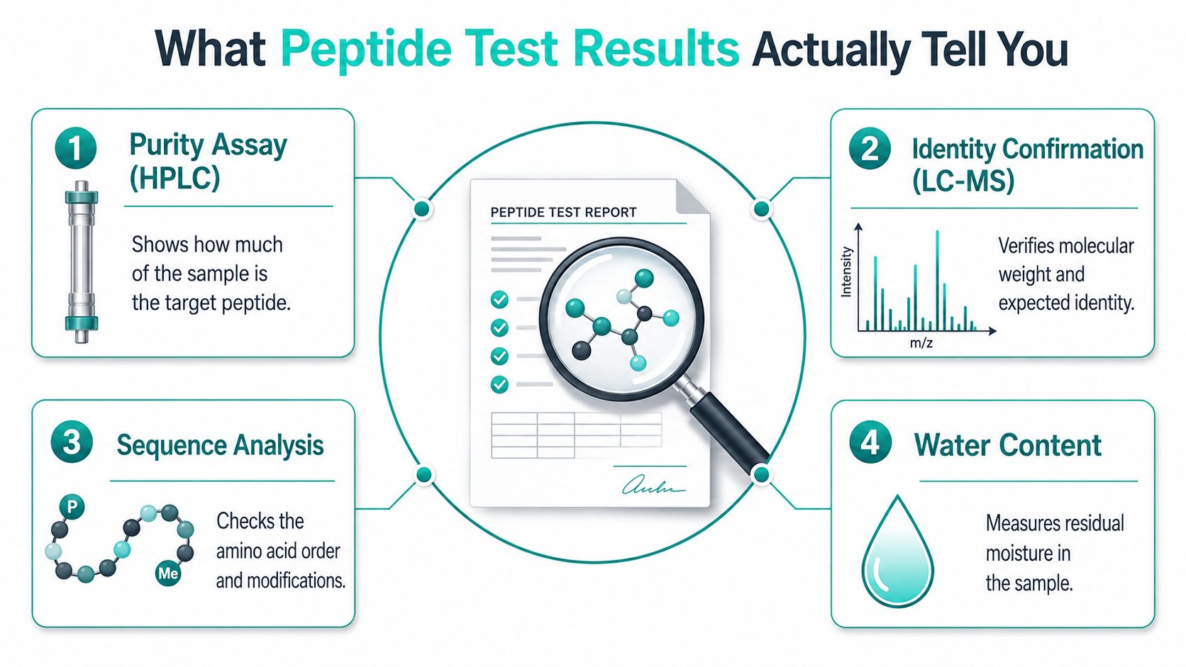 An infographic titled What Peptide Test Results Actually Tell You detailing four methods of chemical analysis.
