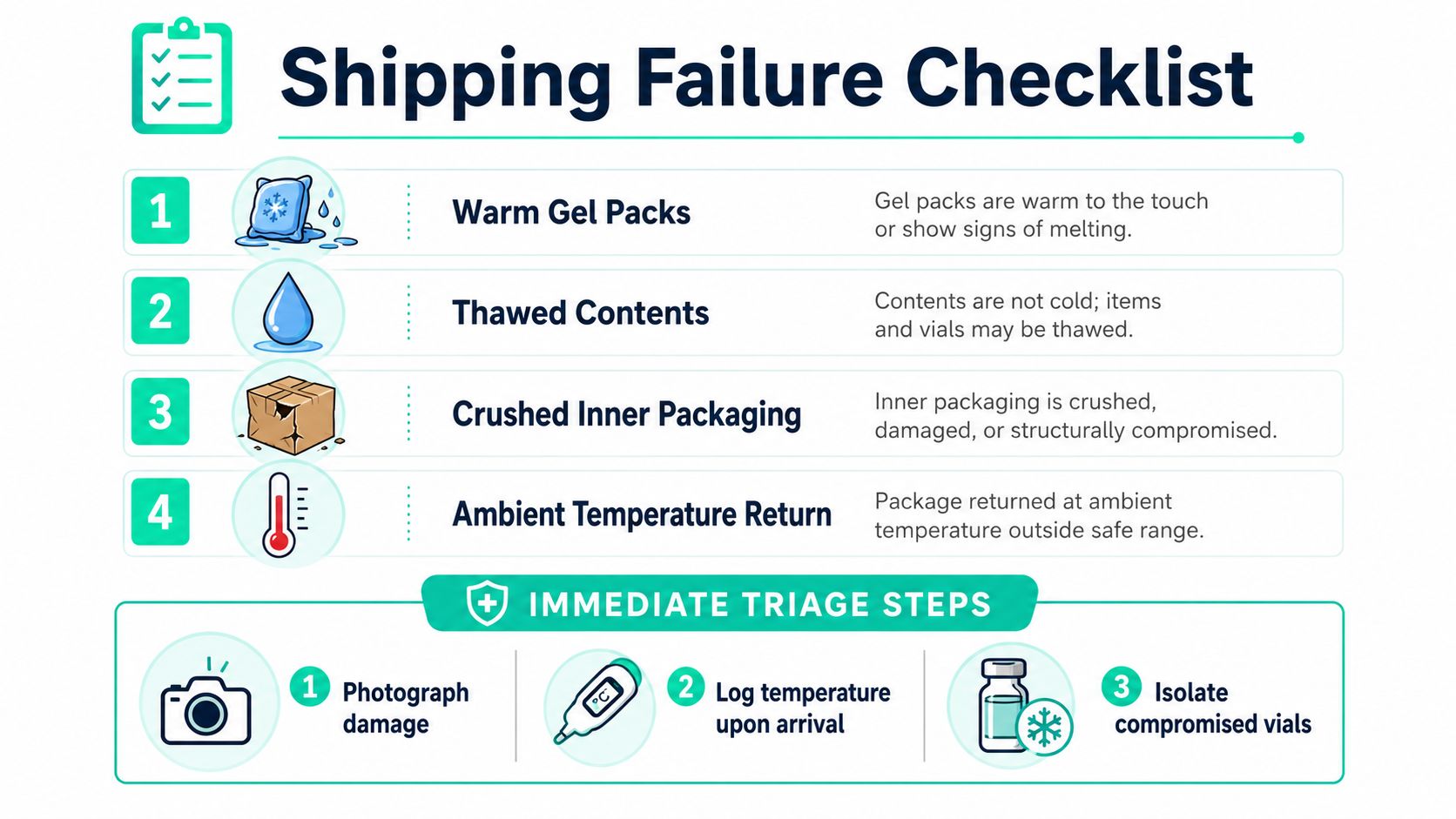 A shipping failure checklist infographic providing guidelines on identifying damaged or temperature-compromised shipments of medical vials.