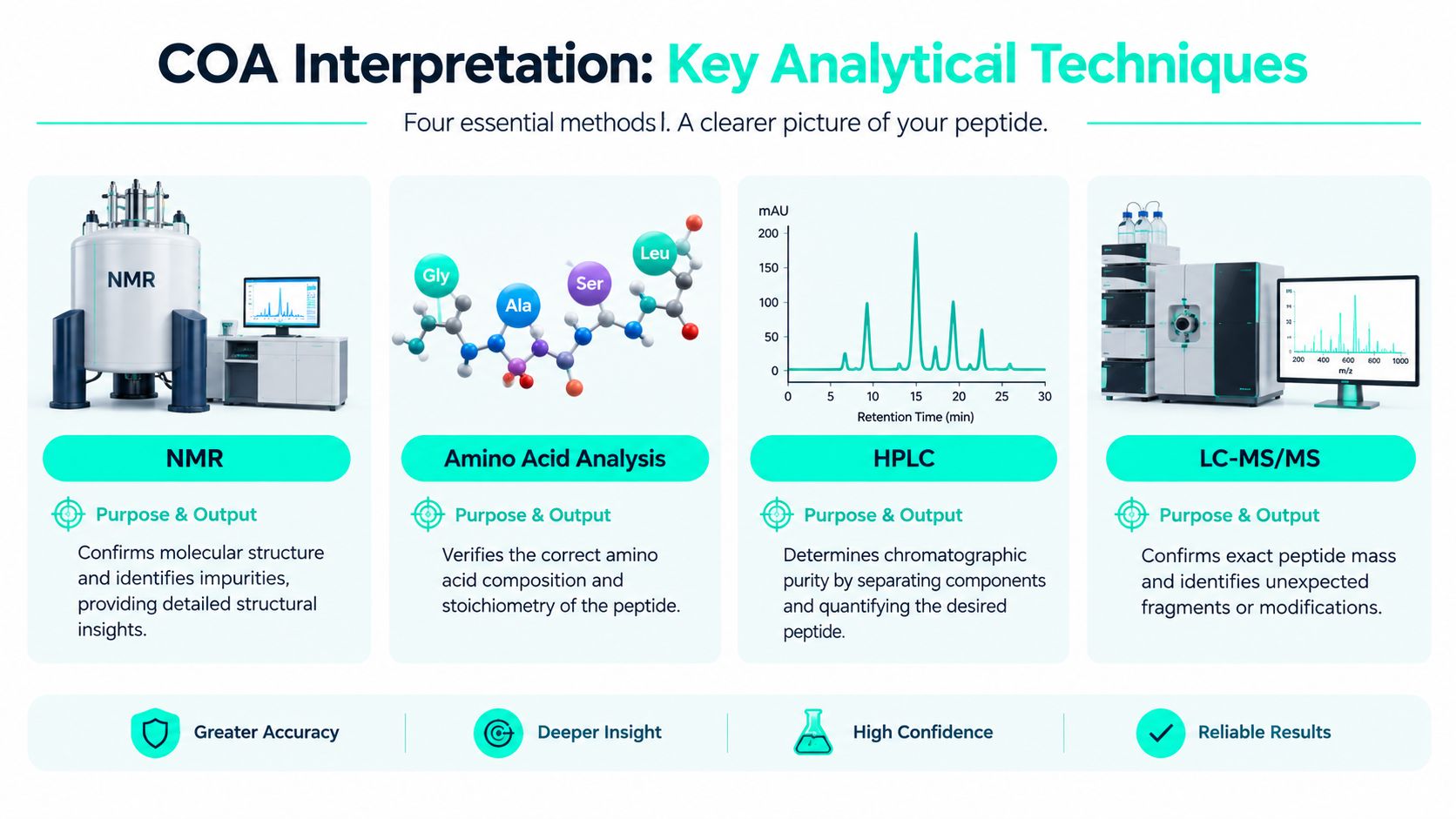 An infographic showing four key analytical techniques for peptide analysis: NMR, Amino Acid Analysis, HPLC, and LC-MS/MS.