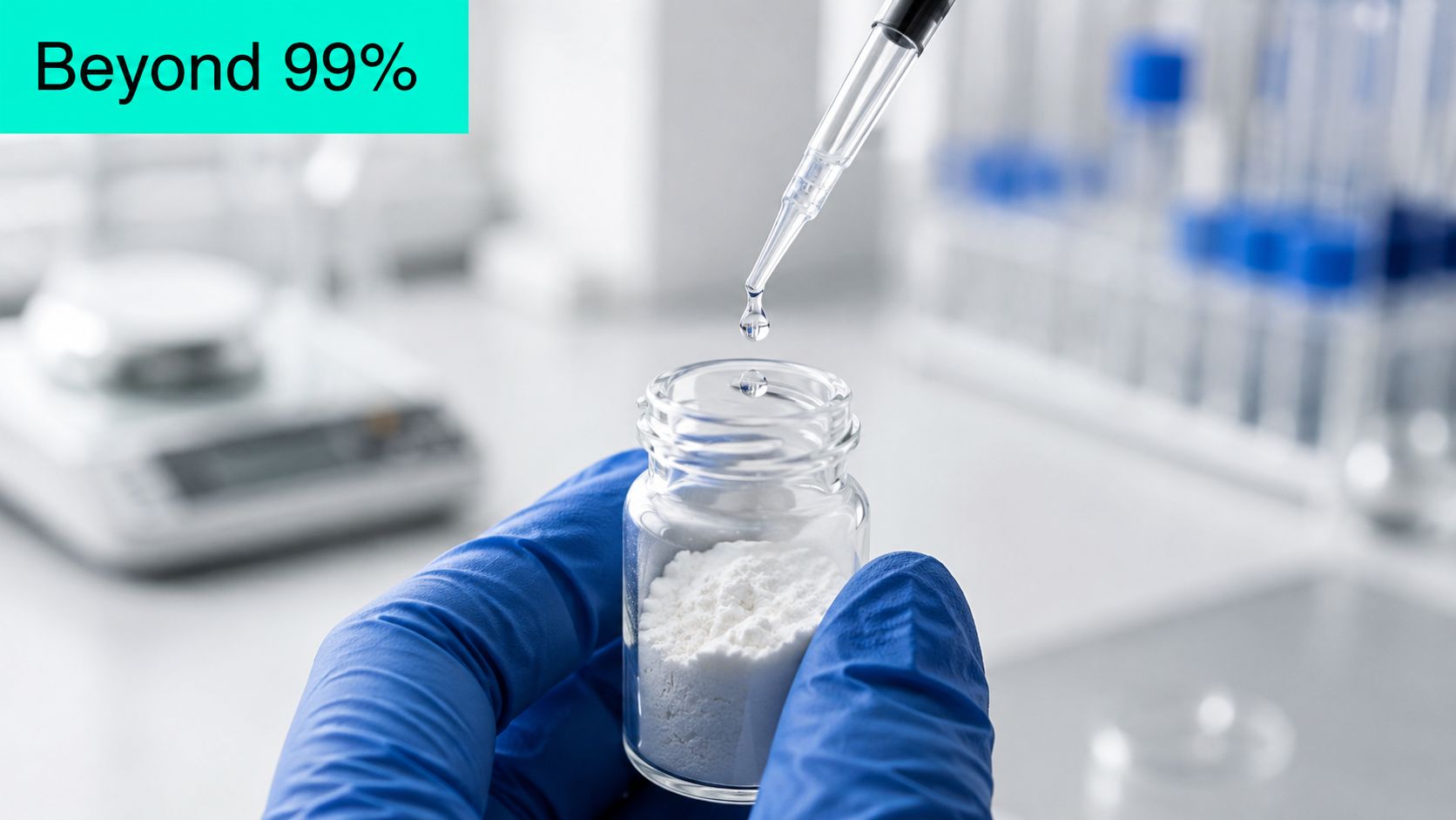 A scientist in blue latex gloves holds a glass vial filled with white powder while adding liquid.