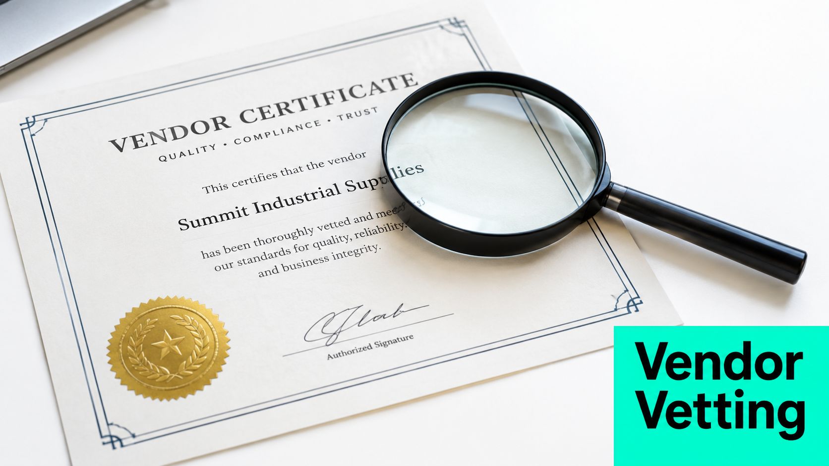 A magnifying glass resting on a certificate verifying the credentials and quality of Summit Industrial Supplies.