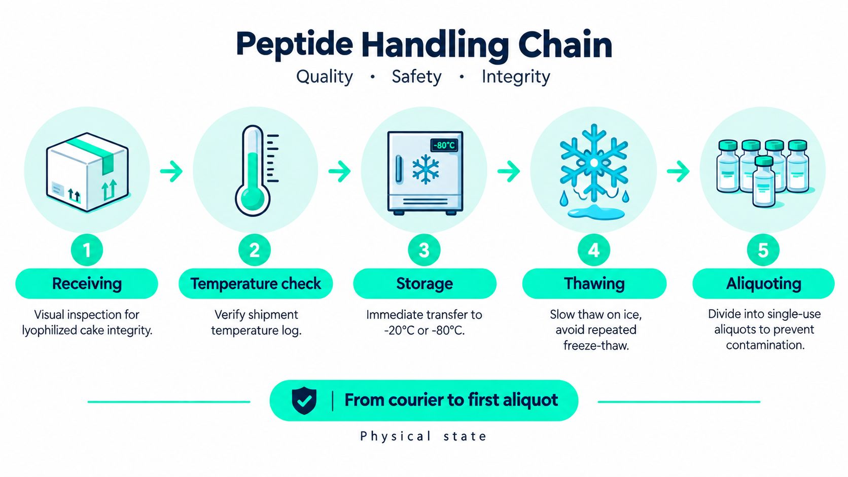 A step-by-step infographic showing the proper procedure for receiving, storing, and aliquoting research ready peptides.