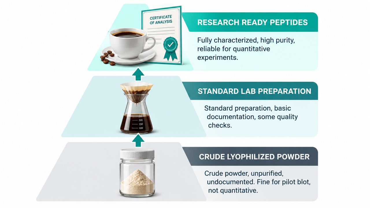 A tiered diagram illustrating the refinement process of peptides, from crude powder to research-ready high purity samples.