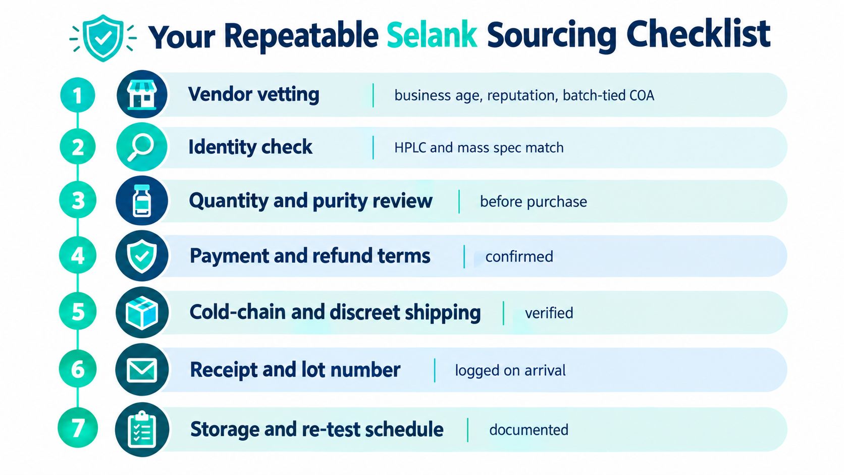 A seven-step checklist for safely sourcing Selank peptides, highlighting quality control and verification procedures.