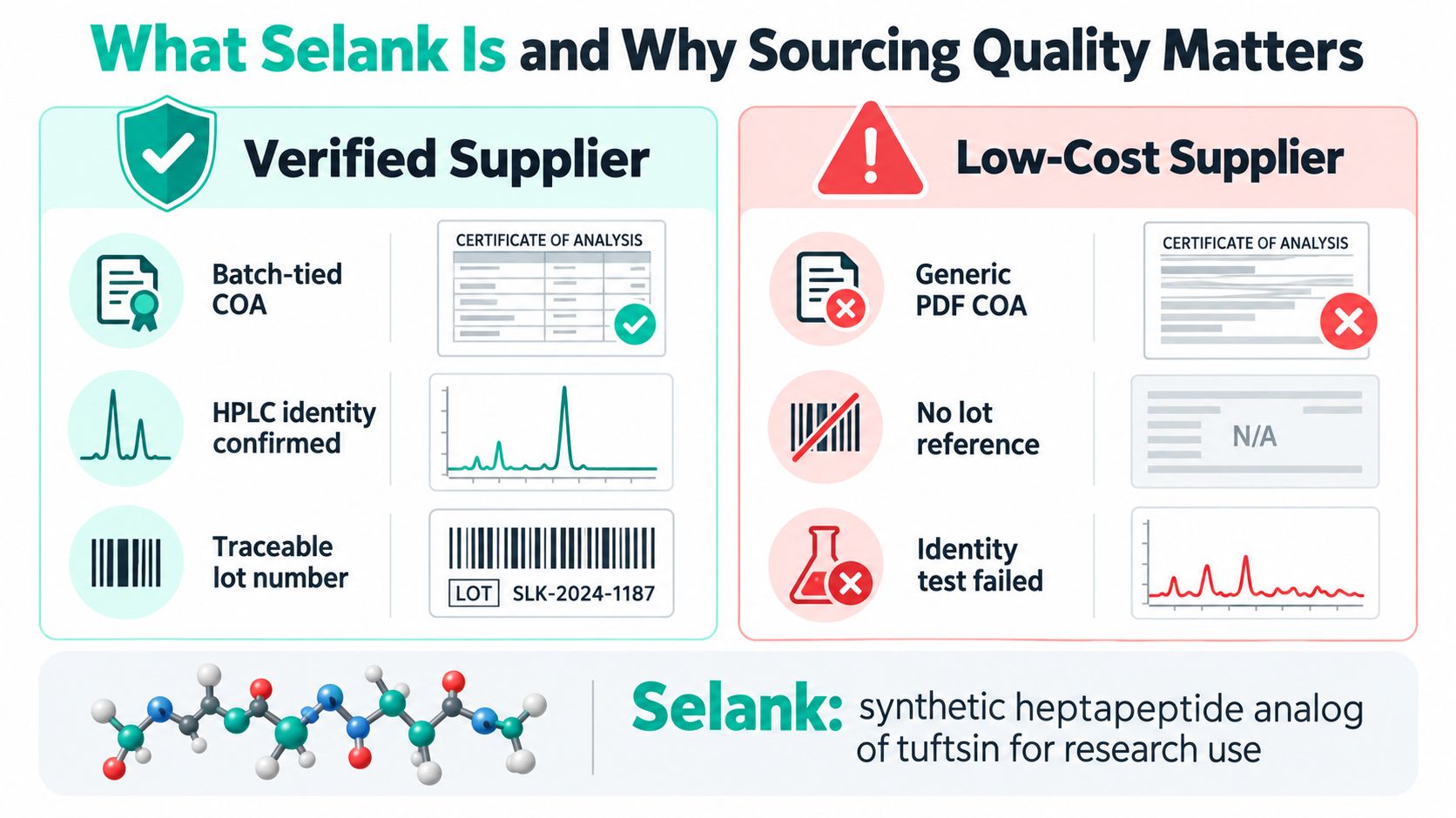 A comparison infographic showing the difference between high-quality verified Selank suppliers and low-quality generic suppliers.