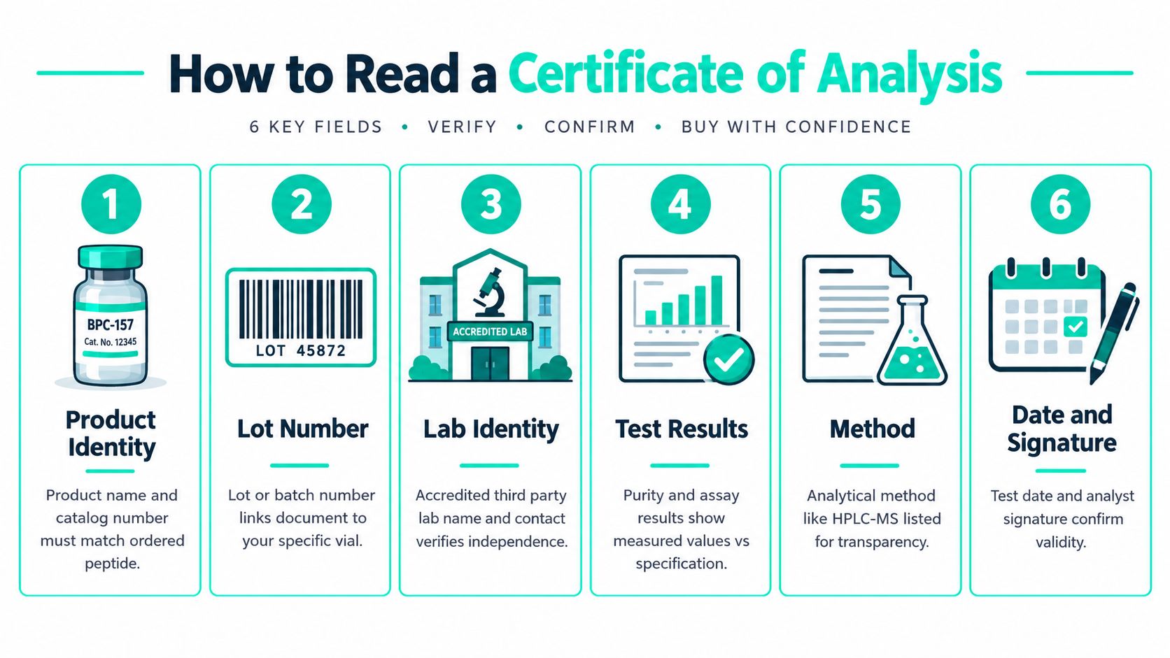 An infographic titled How to Read a Certificate of Analysis detailing six key steps for verification.