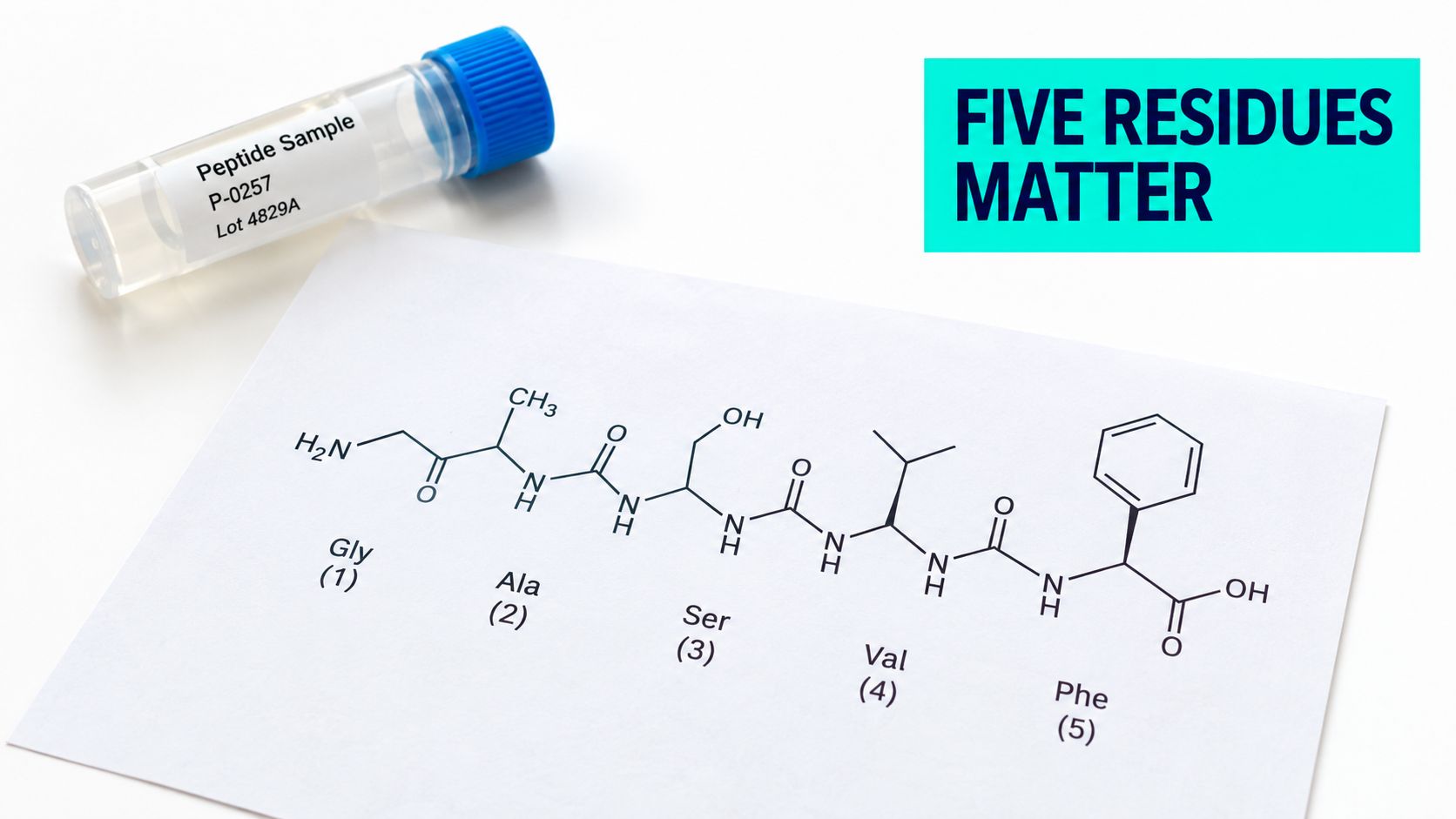 A laboratory sample vial next to a paper sheet displaying the chemical structure of a pentapeptide.