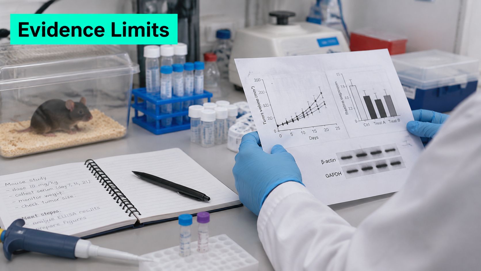 A scientist in a laboratory holding a research document with tumor growth charts and protein analysis data.