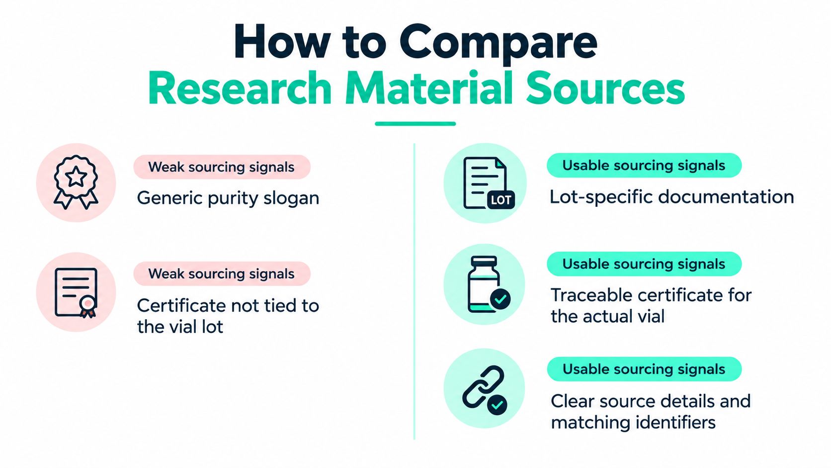 An infographic titled How to Compare Research Material Sources contrasting weak versus usable sourcing signals for materials.