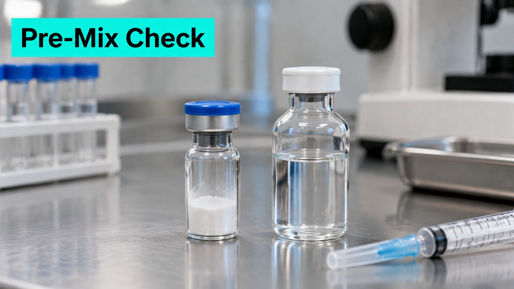 A laboratory table containing a vial of powder, a vial of liquid, and a syringe for mixing.