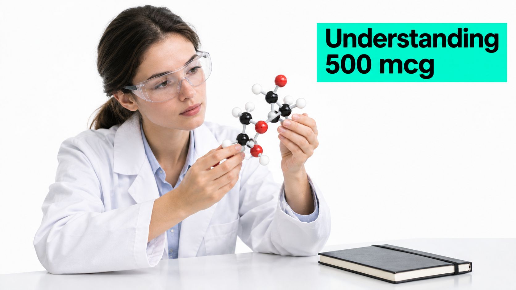 A female scientist in a white lab coat studying a molecular model at a desk.