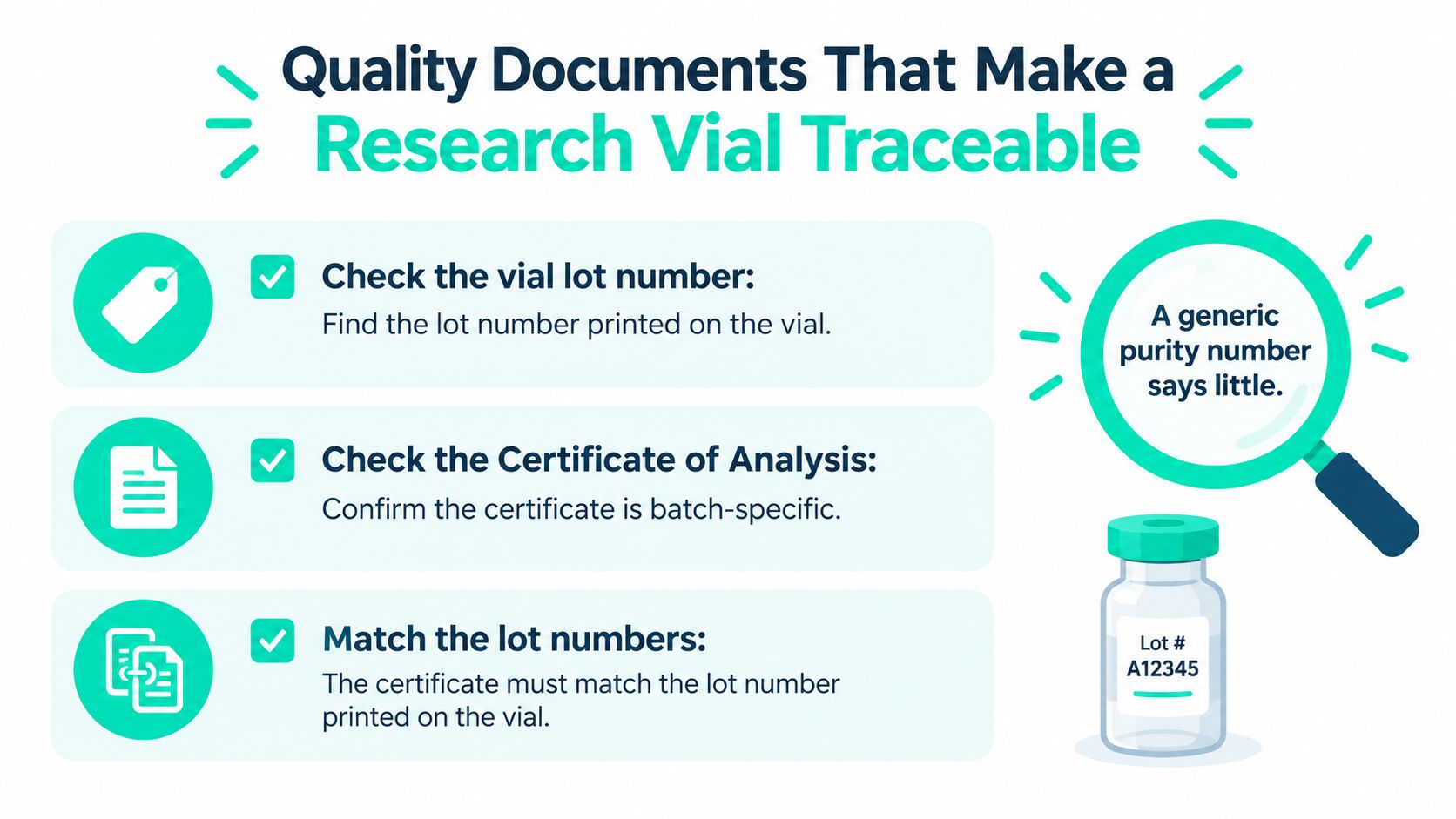 An infographic showing steps to ensure a research vial is traceable by matching lot numbers and documentation.
