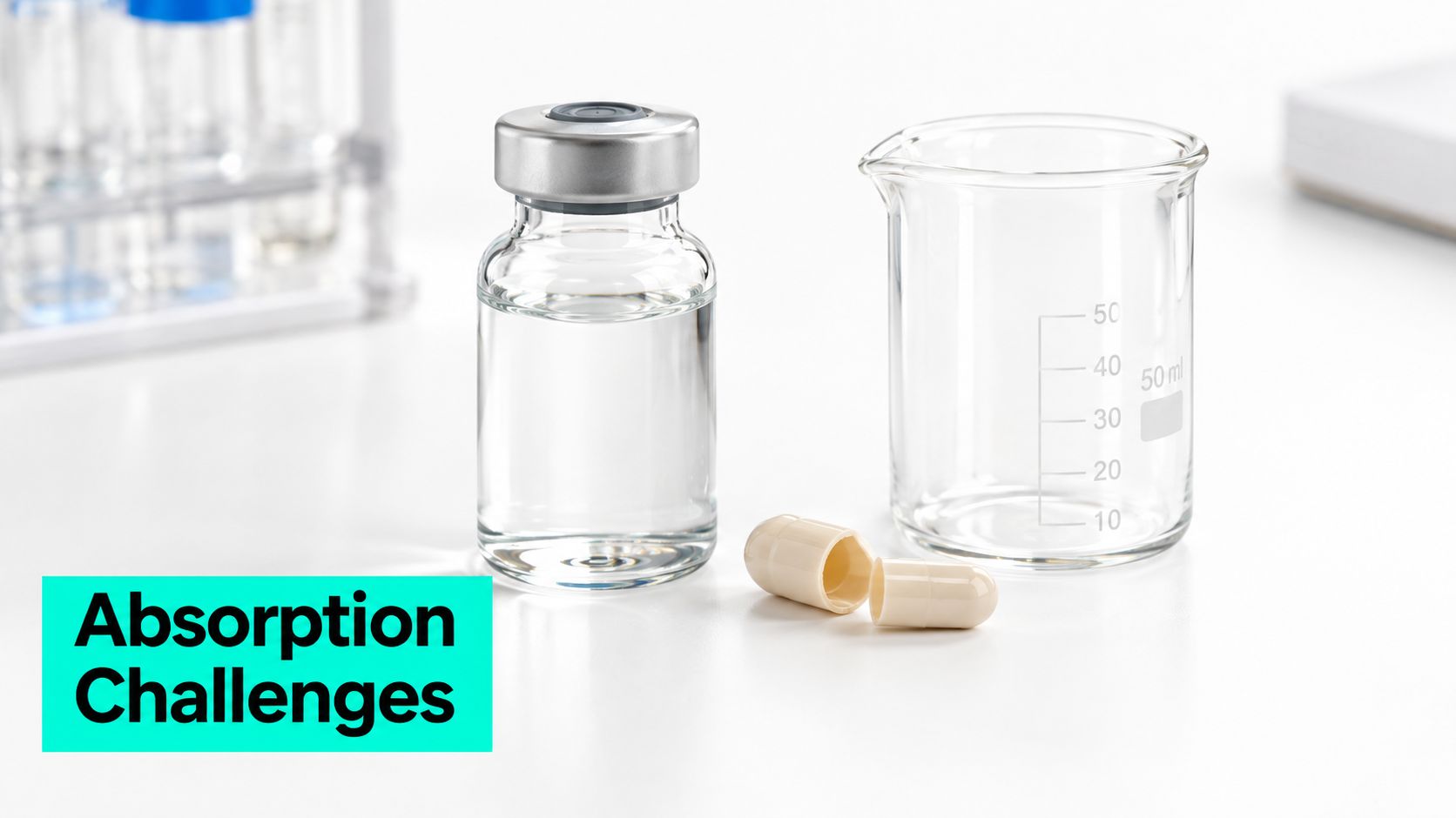 A glass medical vial, a beaker, and an open capsule on a laboratory workbench.