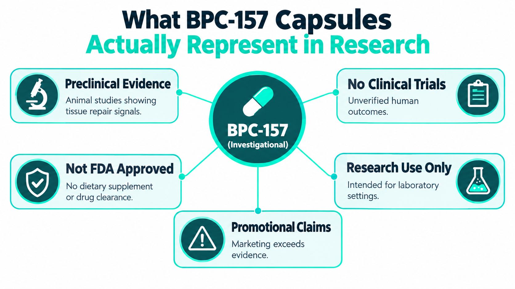 An infographic titled What BPC-157 Capsules Actually Represent in Research, highlighting the lack of FDA approval and clinical trials.
