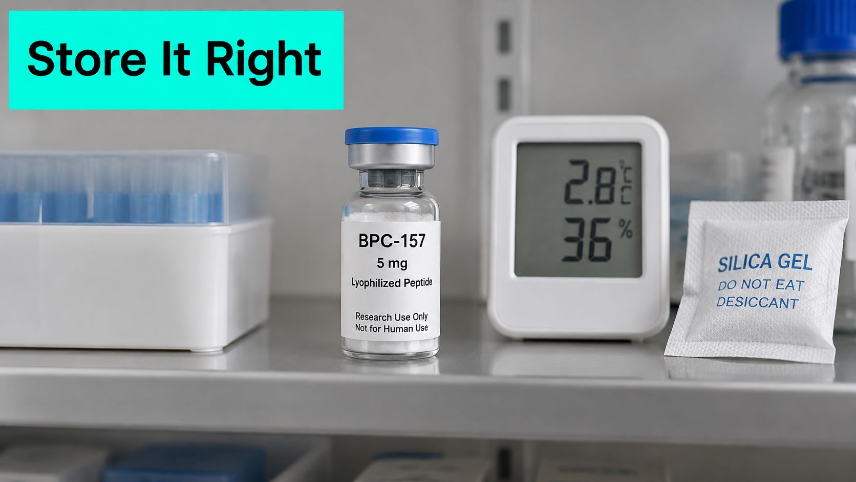 A BPC-157 5mg lyophilized peptide vial stored on a laboratory shelf with a digital temperature humidity monitor.