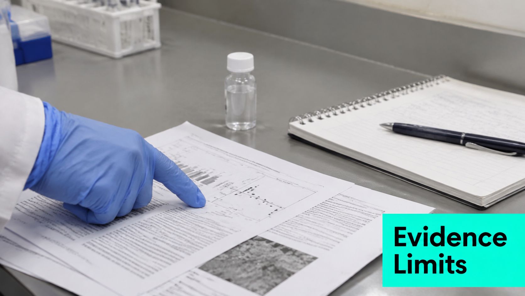 A gloved hand pointing at a scientific paper with a chart on a laboratory table.