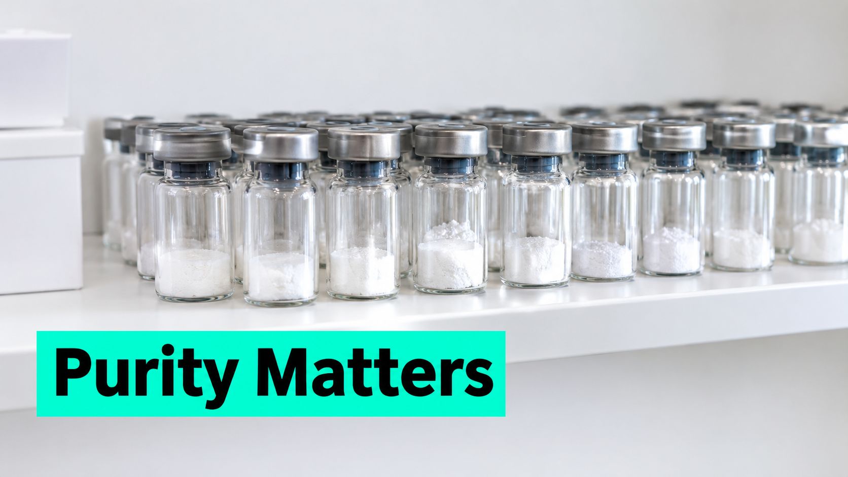A row of small glass vials containing white powder on a white laboratory shelf.