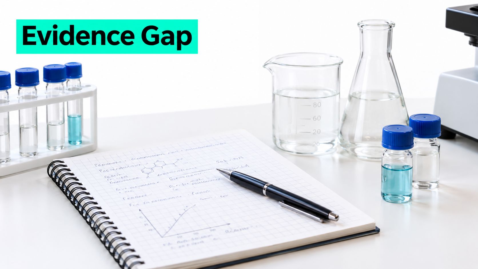 Scientific laboratory setup with a notebook, pen, beakers, and chemical vials representing an evidence gap in research.