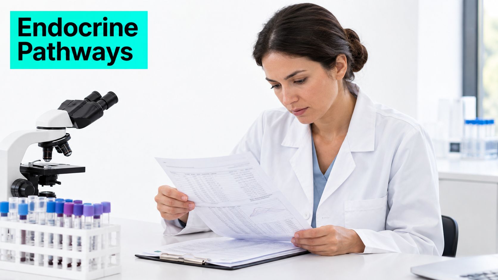 A female scientist in a lab coat examining medical report documents with a microscope and test tubes.