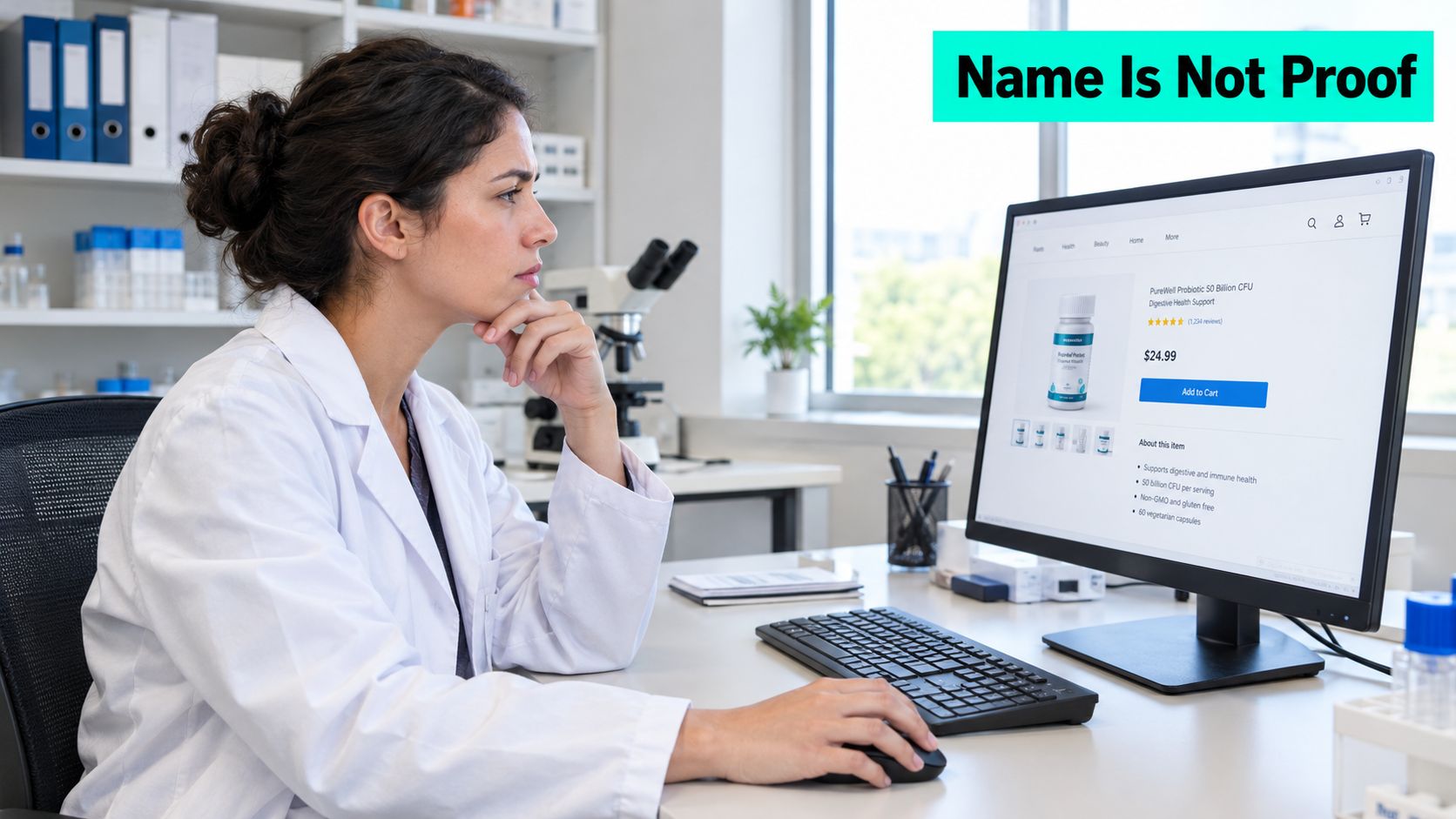 A scientist wearing a lab coat sits at a desk while viewing probiotic supplements on a computer monitor.