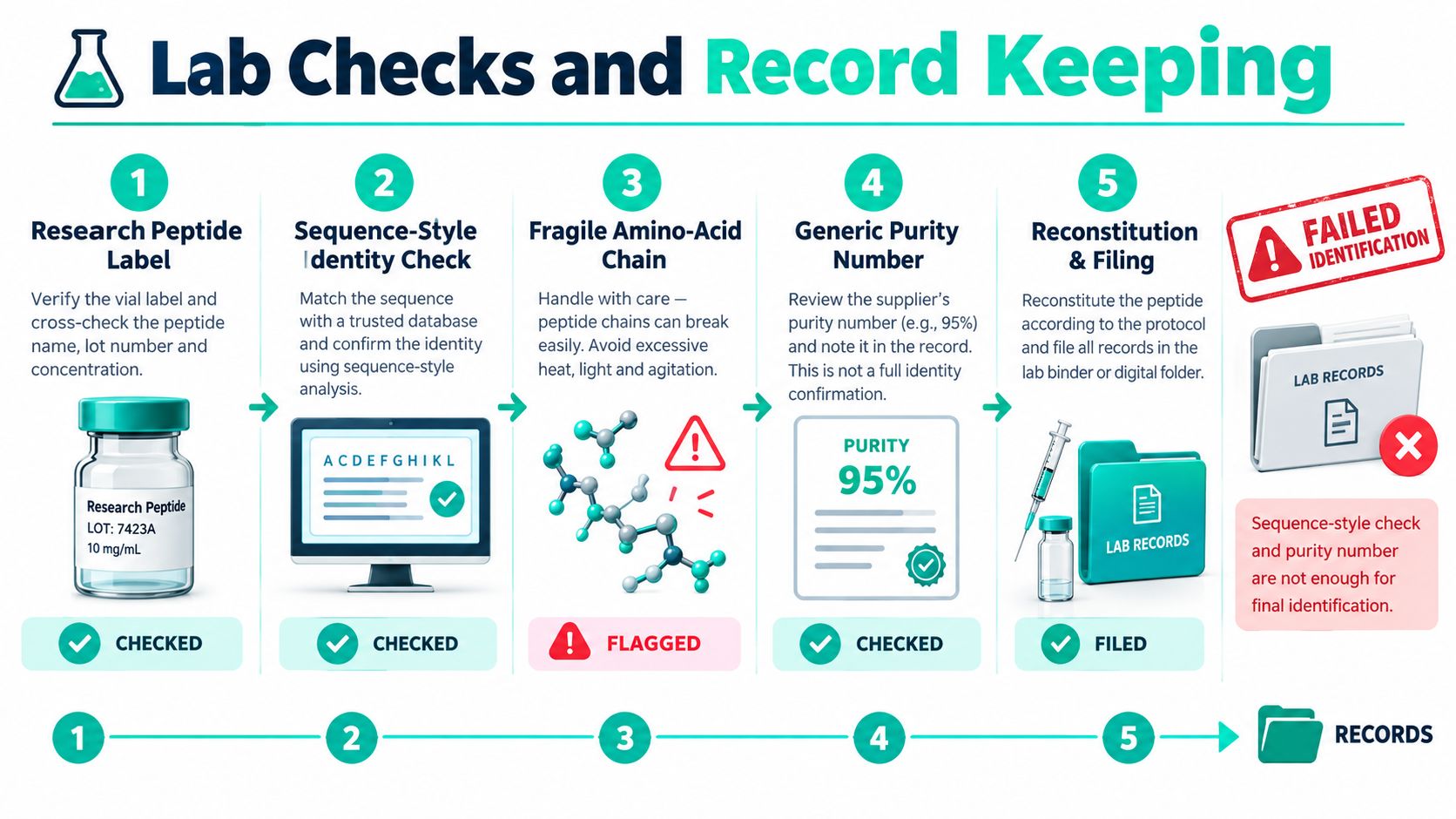 A flowchart detailing a five-step lab procedure for peptide identification, handling, and rigorous record keeping.