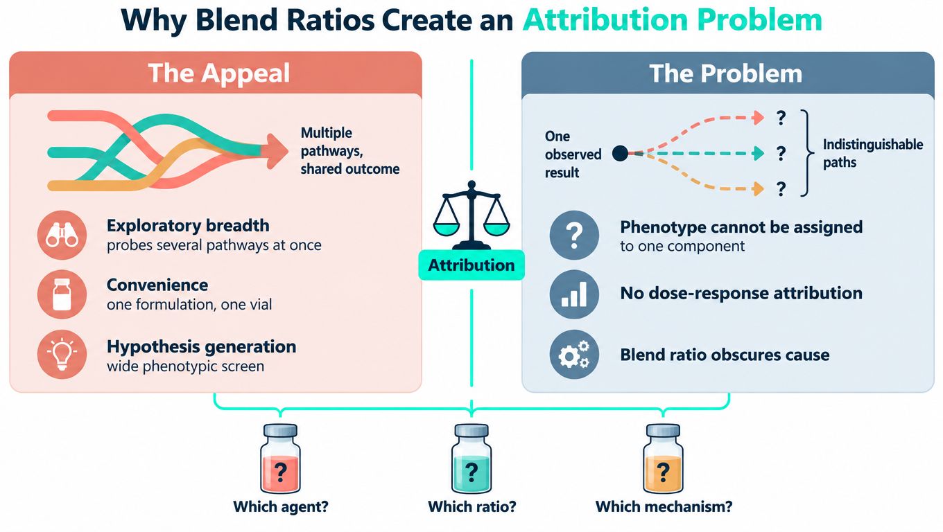 A diagram illustrating the pros and cons of blend ratios in pharmaceutical research, highlighting the attribution problem.