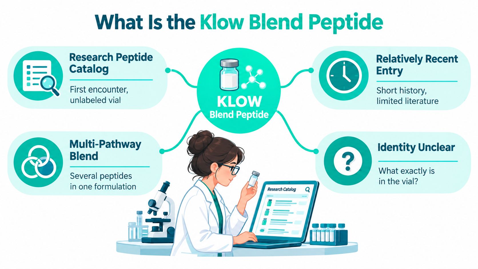 An infographic explaining the characteristics of the Klow Blend peptide including its unknown composition and recent origin.
