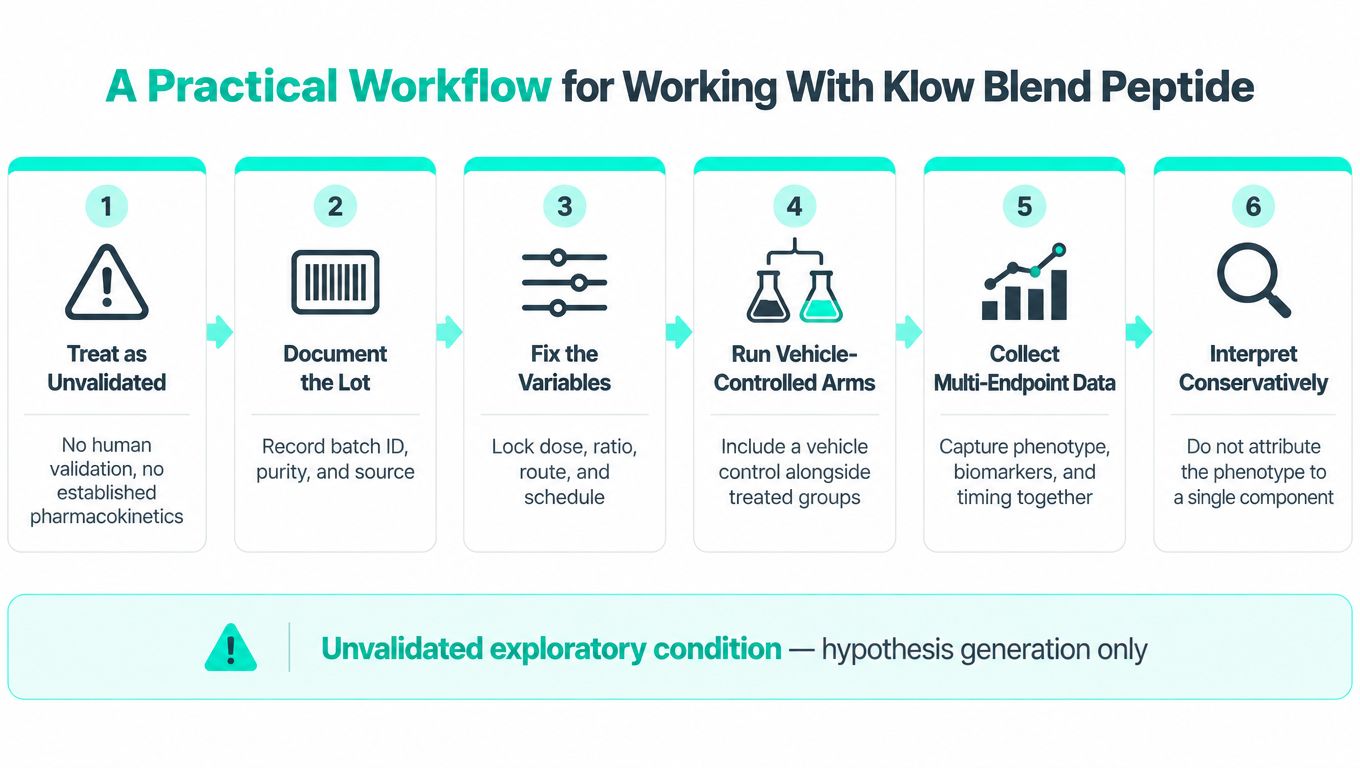 A flowchart detailing a six-step practical workflow for conducting research with Klow Blend peptide compounds.