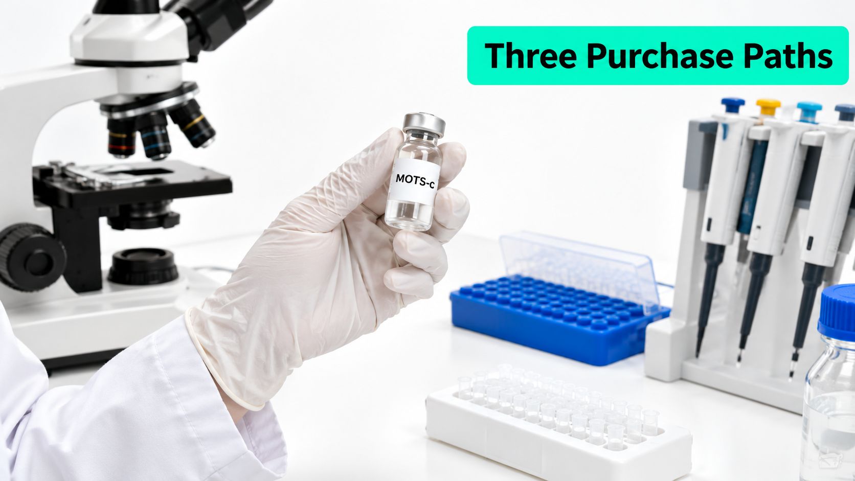 A gloved hand holds a vial labeled MOTS-C in a laboratory setting with a microscope and pipettes.
