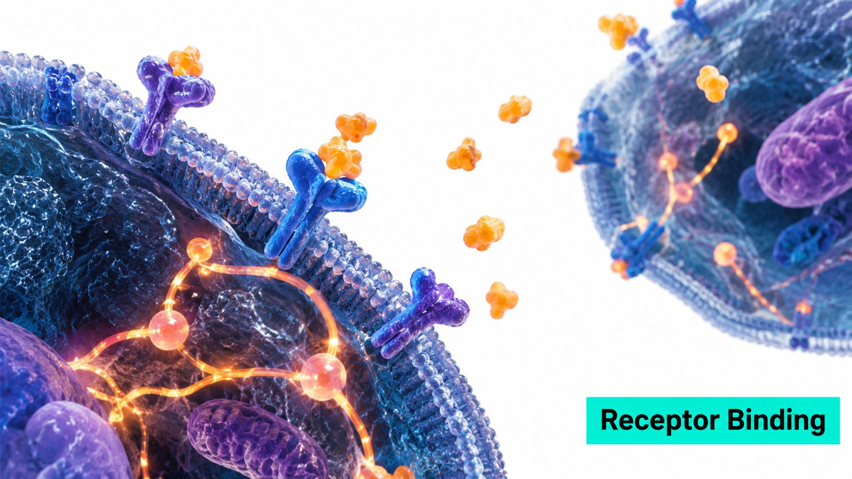 A 3D visualization showing ligand molecules binding to cell surface receptors to initiate signaling pathways.