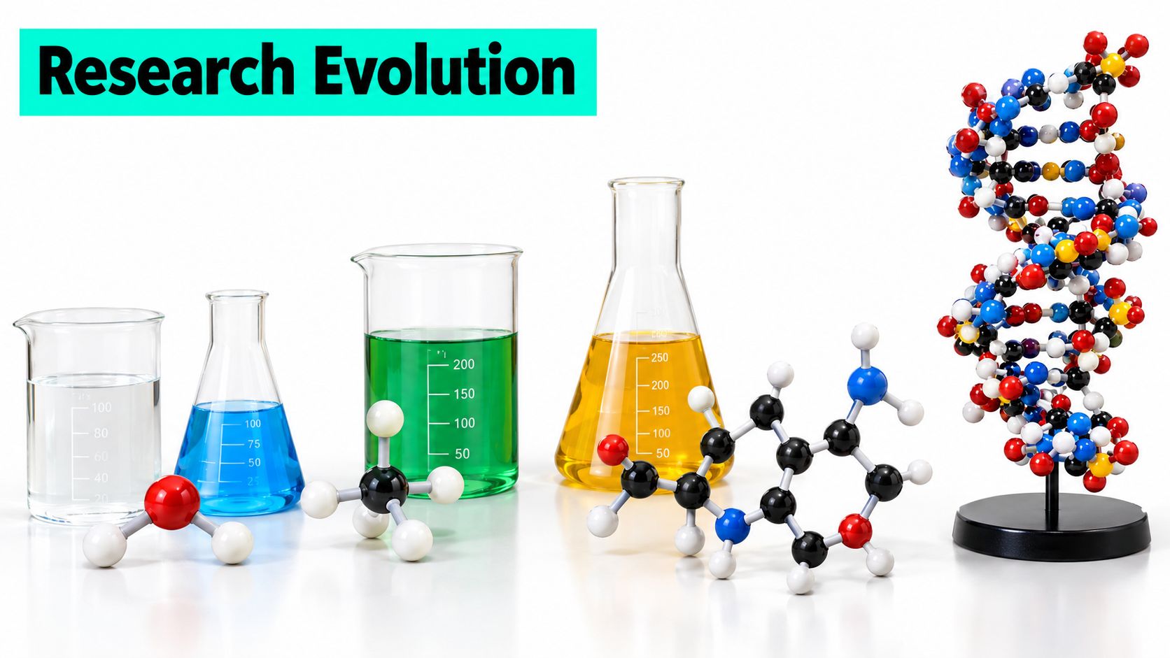 A display of chemical glassware, molecular models, and a DNA helix model on a white background.